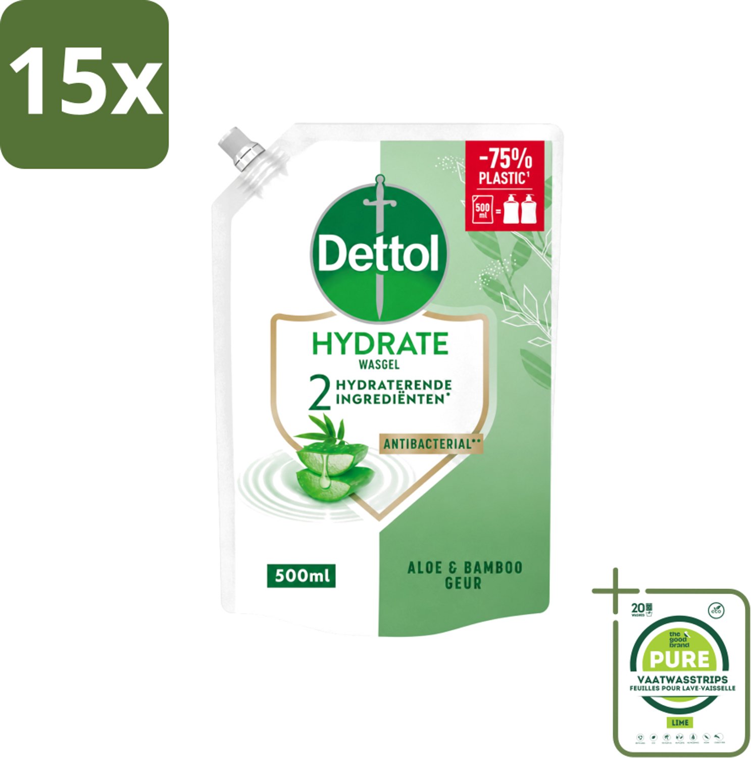 15 x Dettol - Handzeep Navulling - Hydrate - Aloë Vera & Bamboe - 500 ml - Grootverpakking - Vaatwasstrips - Handzeep - Handen Reinigen - Antibacterieel - Hygiëne - Handen Verzorgen