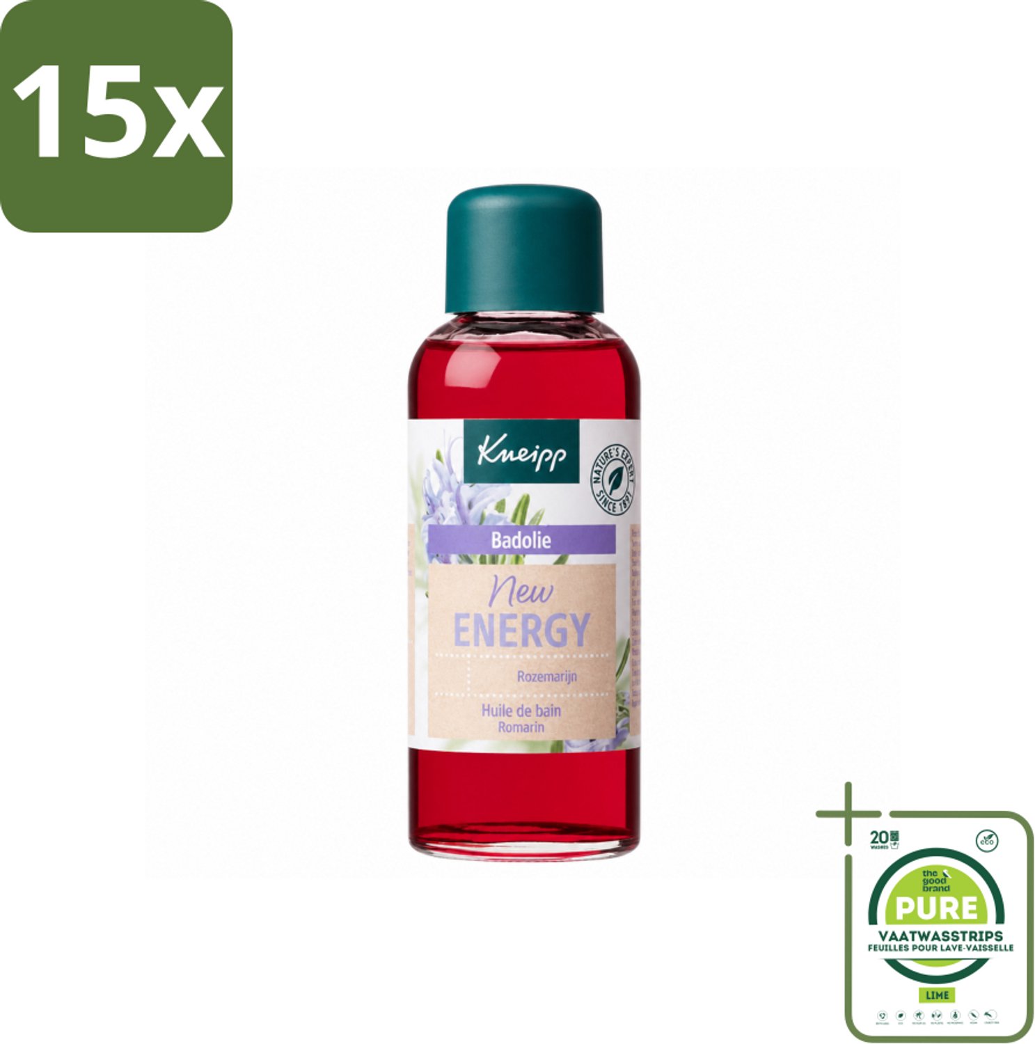 15 x Kneipp - Badolie - Rozemarijn - Voor nieuwe energie - 100 ml - Grootverpakking - Vaatwasstrips - Badolie - Energie - Rozemarijn - Verkwikkend Bad - Stimulerend Bad