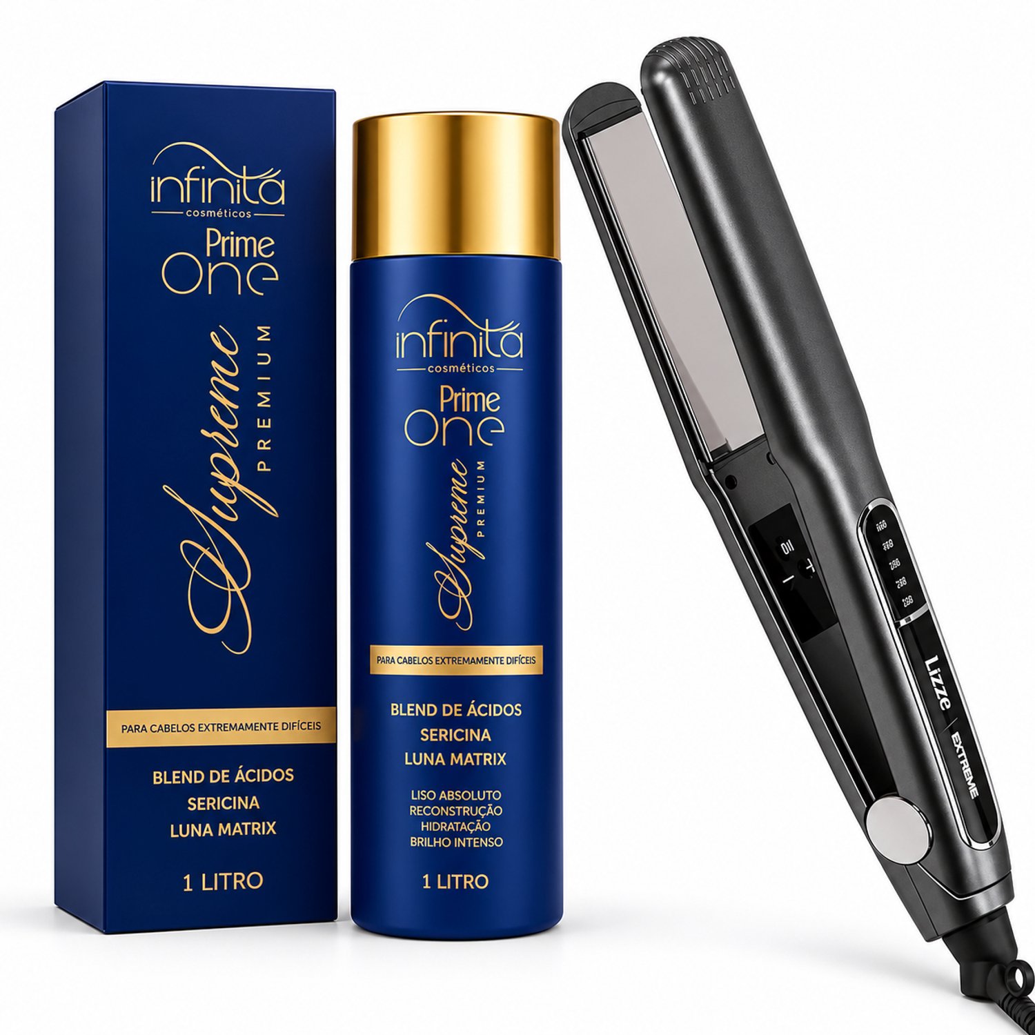 Infinita Prime One Supreme Premium 1L + Lizze Extreme Stijltang – Professionele Brazilian Keratin & Straightening Set voor Intens Glad, Glanzend en Pluisvrij Haar