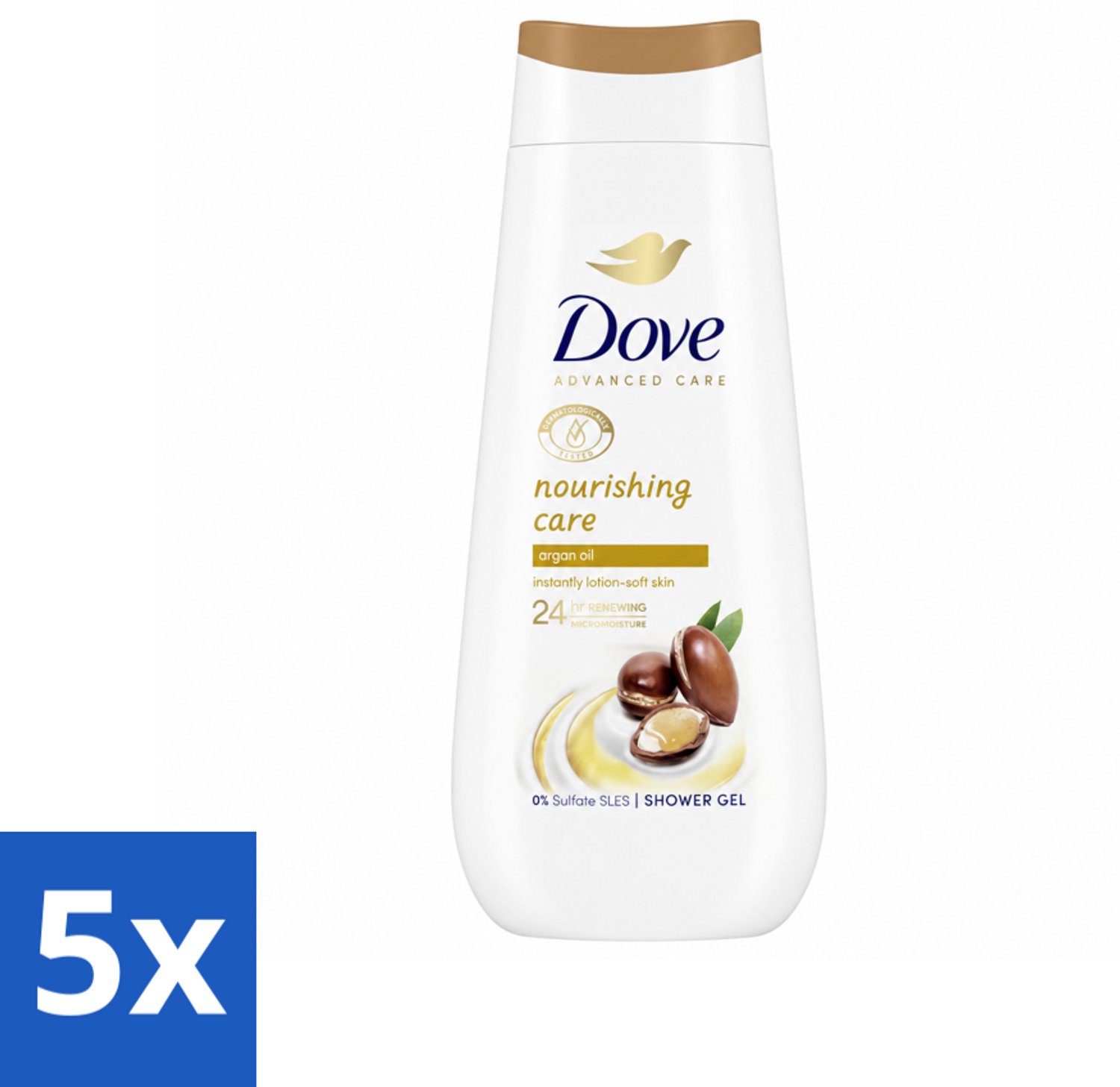 5 x Dove Douchecrème - Nourishing Care - Arganolie - 225 ml - Voordeelverpakking - 5 stuks
