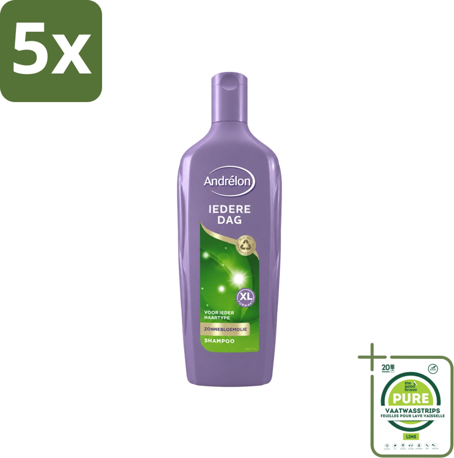5 x Andrélon - Iedere Dag - Shampoo - 450 ml - Grootverpakking - Vaatwasstrips - Shampoo Dagelijks - Fris Haar - Gezond Haar - Luchtig Haar - Zonnebloemextract