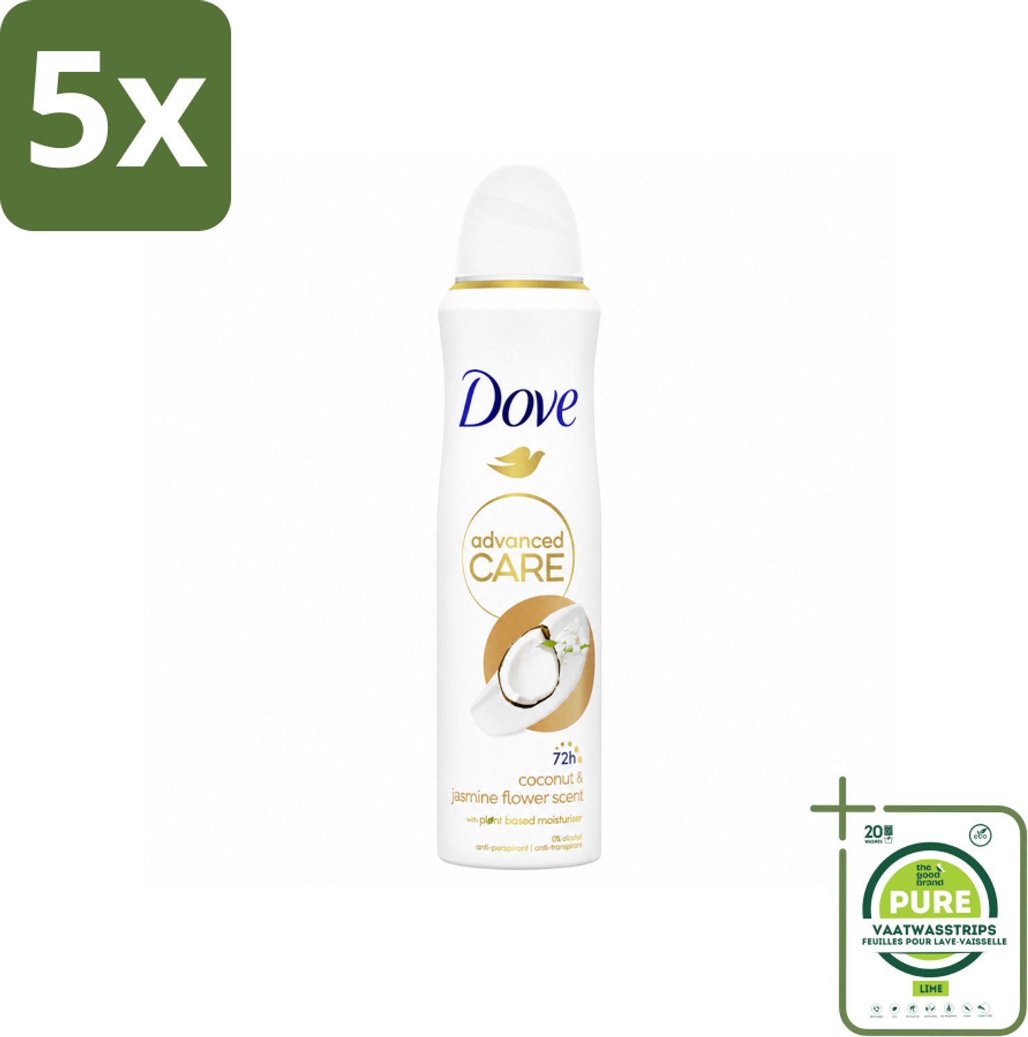 5 x Dove Deodorant Spray - Advanced Care - Kokos & Jasmijnbloem - 150 ml - Grootverpakking - Vaatwasstrips - Dove Deodorant Spray - Kokos En Jasmijn - Anti-transpirant Spray - Okselhuid Verzorging - Frisheid