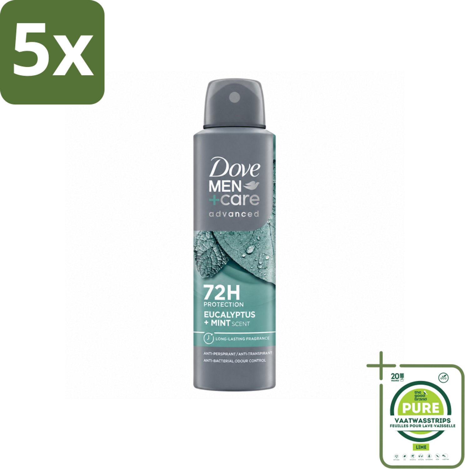 5 x Dove Men+Care Deodorant Spray - Eucalyptus & Mint - 150 ml - Grootverpakking - Vaatwasstrips - Zweetbestrijding - Frisheid - Okselhuid - Anti-transpirant - Eucalyptus