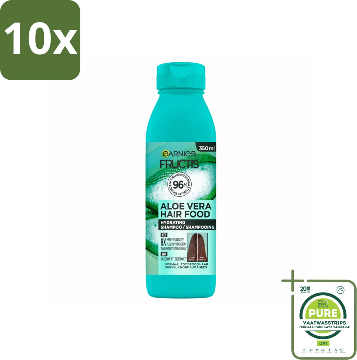 10 x Garnier - Fructis Hair Food Aloe Vera - Shampoo - Normaal tot Droog Haar - 350 ml - Grootverpakking - Vaatwasstrips - Aloe Vera Shampoo - Hydratatie Haar - Normaal Haar - Droog Haar - Vegan Shampoo
