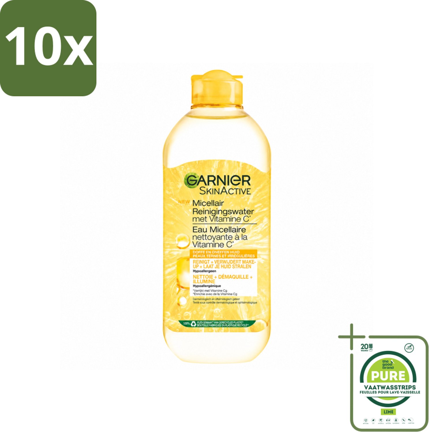 10 x Garnier - SkinActive - Micellair Water - Vitamine C - Reinigingswater - 400 ml - Grootverpakking - Vaatwasstrips - Micellair Reinigingswater - Vitamine C - Reinigen - Make-up Verwijderen - Stralen