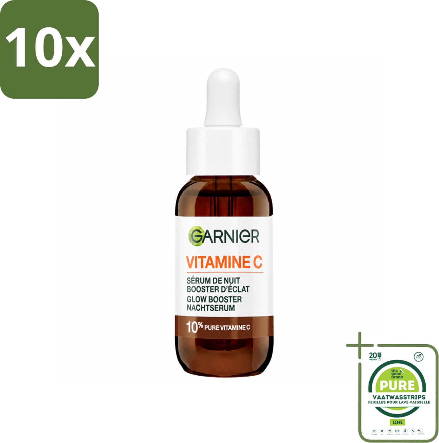10 x Garnier - SkinActive - Nachtserum - Anti-Pigmentvlekken - 10% Vitamine C & Hyaluronzuur - 30 ml - Grootverpakking - Vaatwasstrips - Nachtserum - Vitamine C - Pigmentvlekken - Huidverheldering - Hydratatie