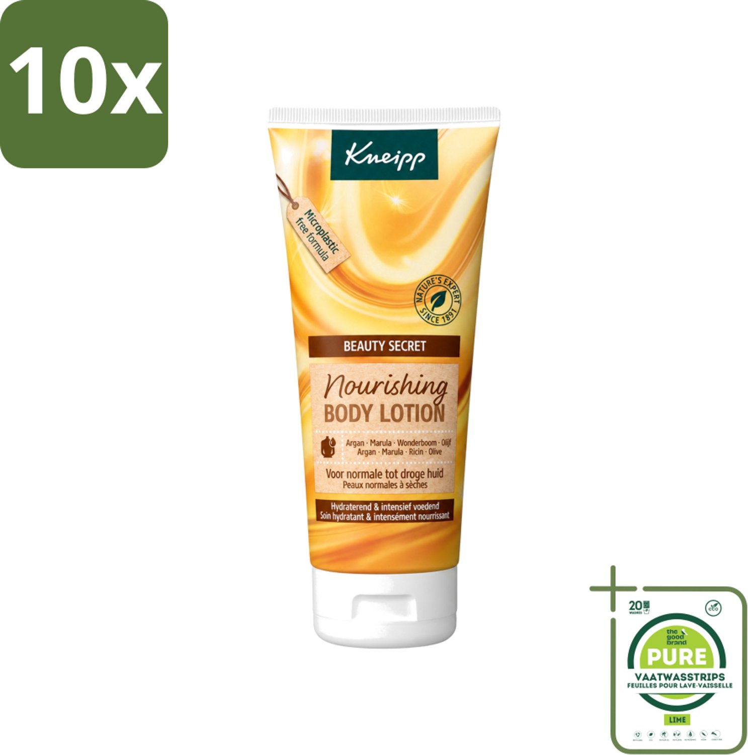10 x Kneipp - Body lotion - Beauty Secret - Voor normale tot droge huid - 200 ml - Grootverpakking - Vaatwasstrips - Beauty Secret - Huidverzorging - Voedende Bodylotion - Natuurlijke Oliën - Arganolie
