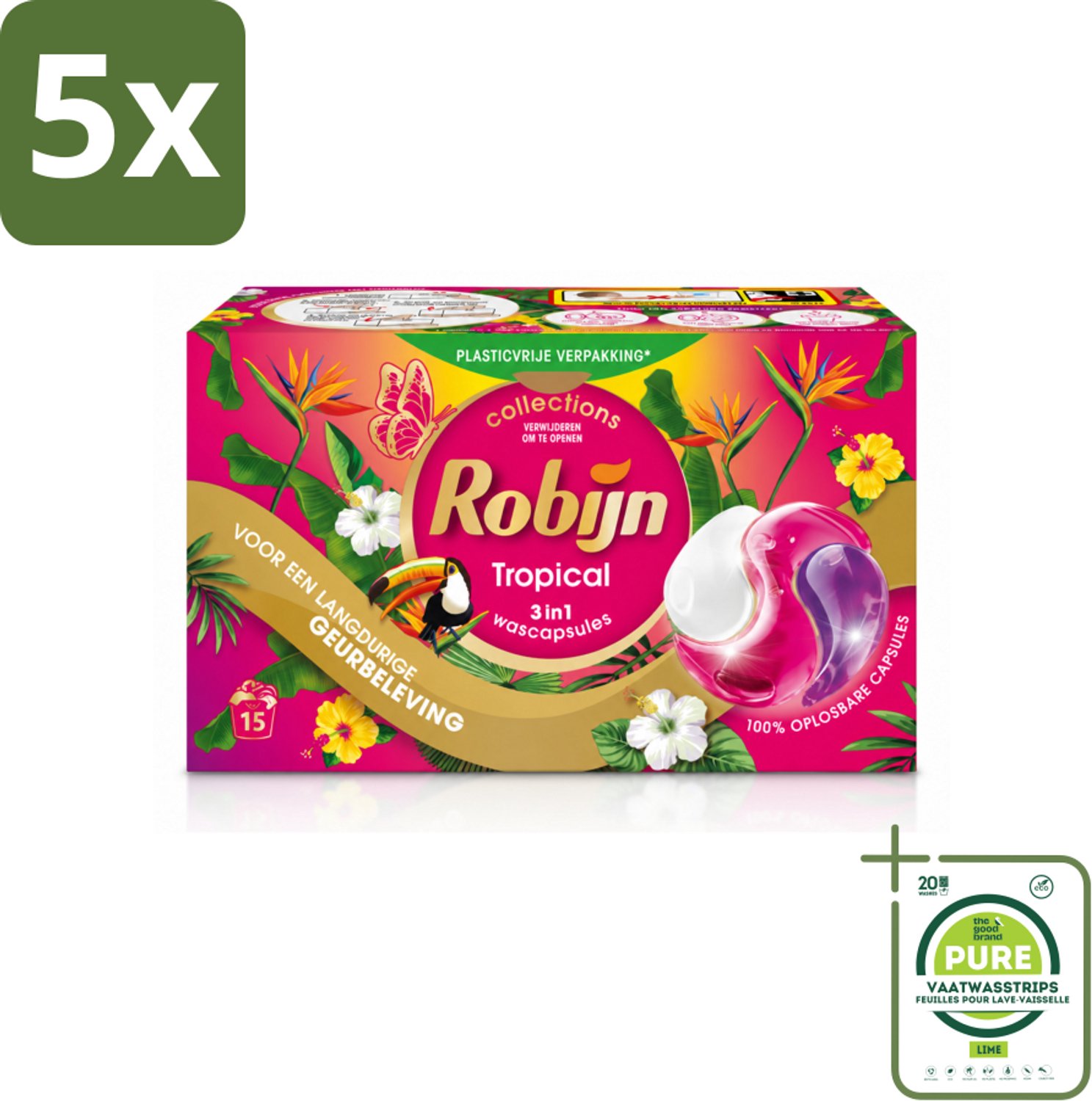 5 x Robijn - 3-in-1 Tropical - Wascapsules - 15 Wasbeurten - Grootverpakking - Vaatwasstrips - Tropische Geur - Wascapsules - Kleurbehoud - Wasverzachter - Biologisch Afbreekbaar