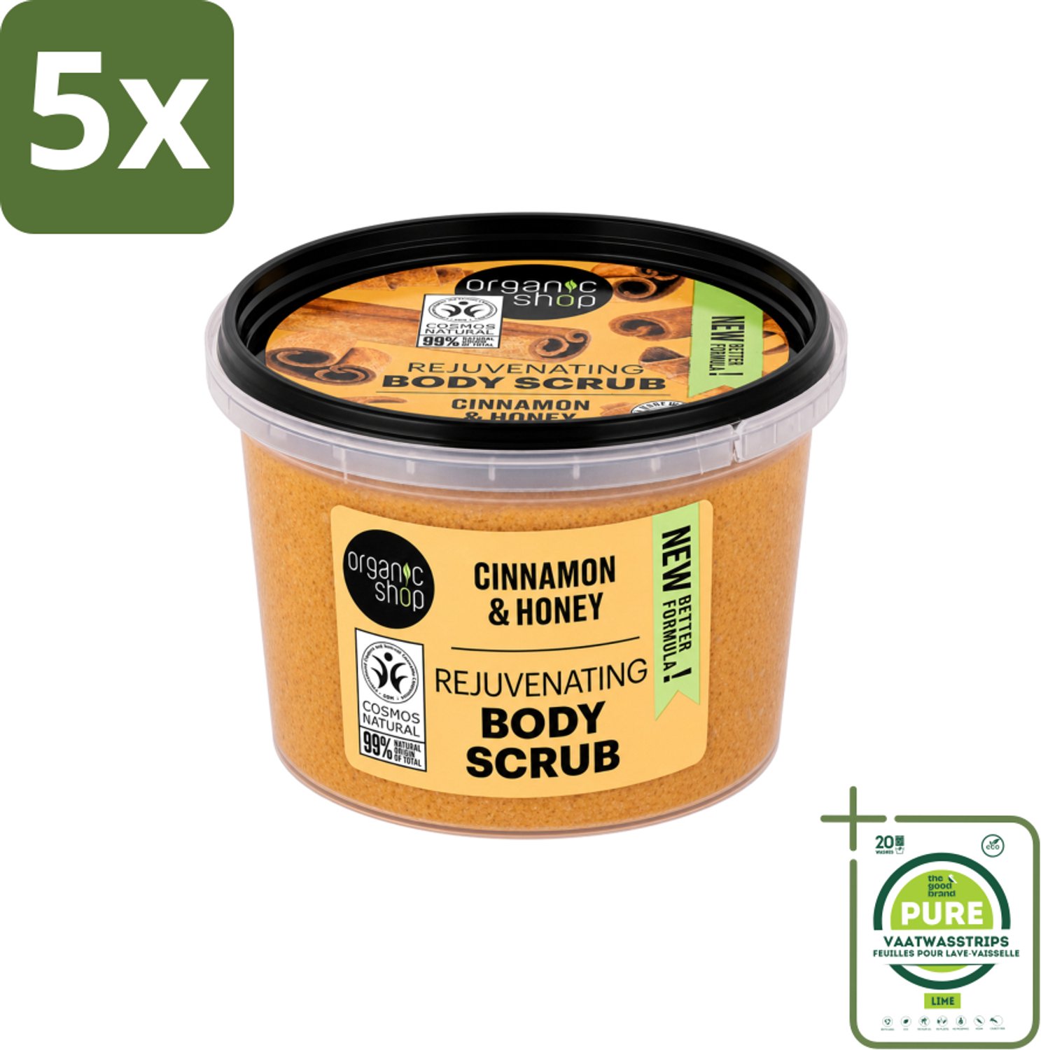 5 x Organic Shop - Rejuvenating Body Scrub Cinnamon - Exfoliërend en Hydraterend - 250 ml - Grootverpakking - Vaatwasstrips - Exfoliatie - Huidvernieuwing - Kaneel - Honing - Natuurlijke Huidverzorging