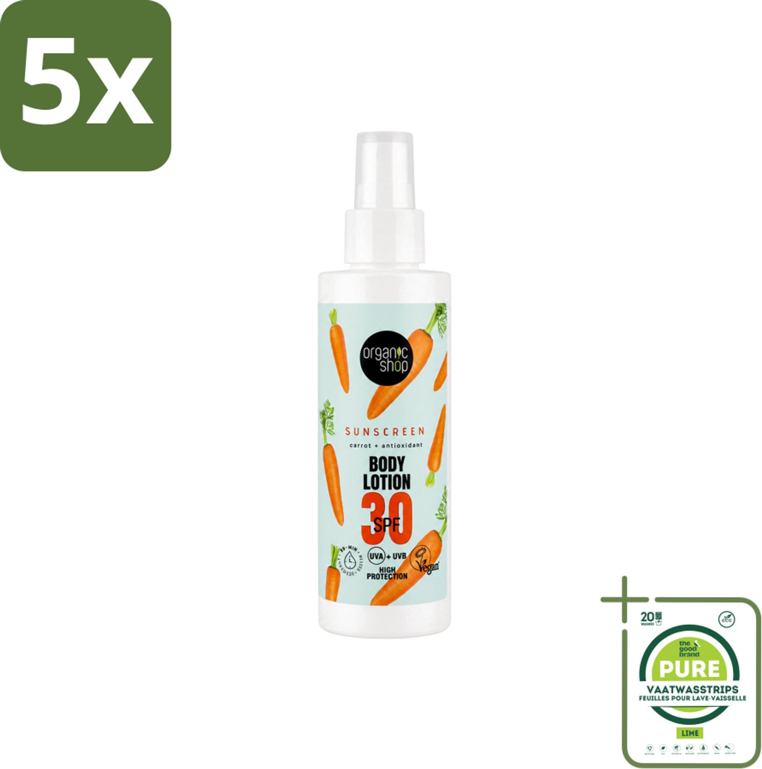 5 x Organic Shop - Zonnebrandcrème SPF 30 - Bescherming tegen de Zon - 150 ml - Grootverpakking - Vaatwasstrips - Zonbescherming - Zonnebrandcrème - SPF 30 - Natuurlijke Zonbescherming - Antioxidanten