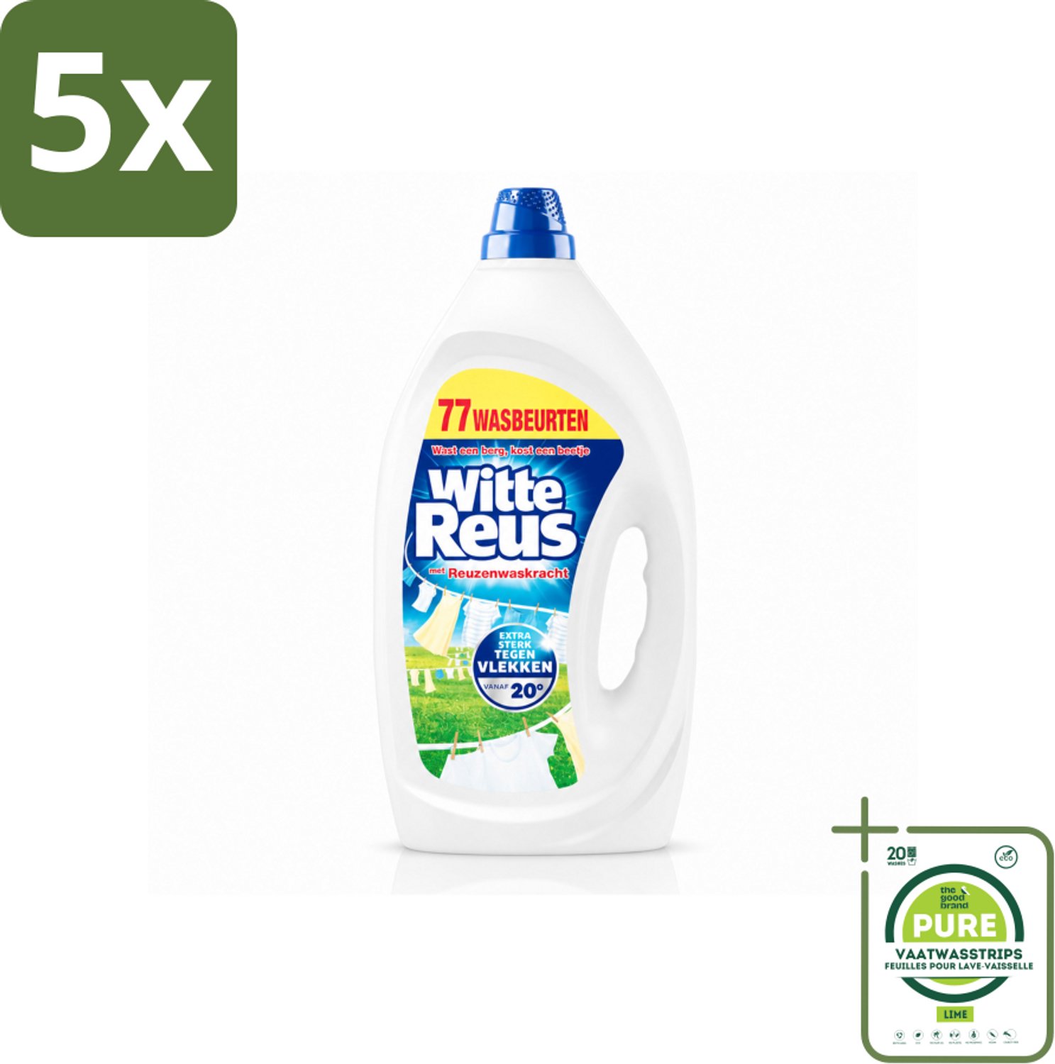 5 x Witte Reus - Vloeibaar Wasmiddel - Witte Was - 77 Wasbeurten - Grootverpakking - Vaatwasstrips - Witte Was - Wasmiddel - Vlekken Verwijderen - Waskracht - Was Vanaf 20°C