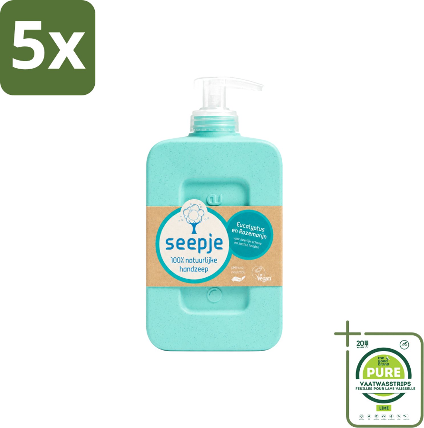 5 x Seepje - Handzeep - Eucalyptus met Rozemarijn - 300 ml - Antiseptische Geur - Grootverpakking - Vaatwasstrips - Handzeep - Eucalyptus - Rozemarijn - Natuurlijke Handzeep - Antiseptische Handzeep