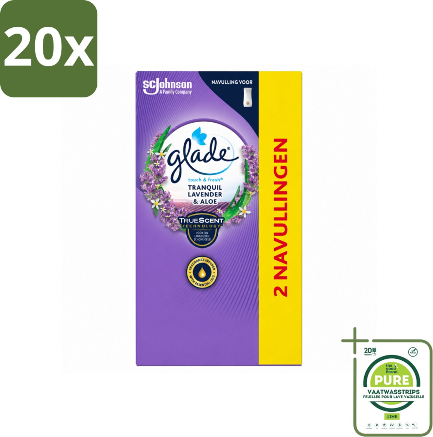 20 x Glade - Touch & Fresh Navulling - Tranquil Lavender & Aloë - 2 × 10 ml - Grootverpakking - Vaatwasstrips - Geur - Ontspanning - Frisse Geur - Natuurlijke Geur - Kalme Geur