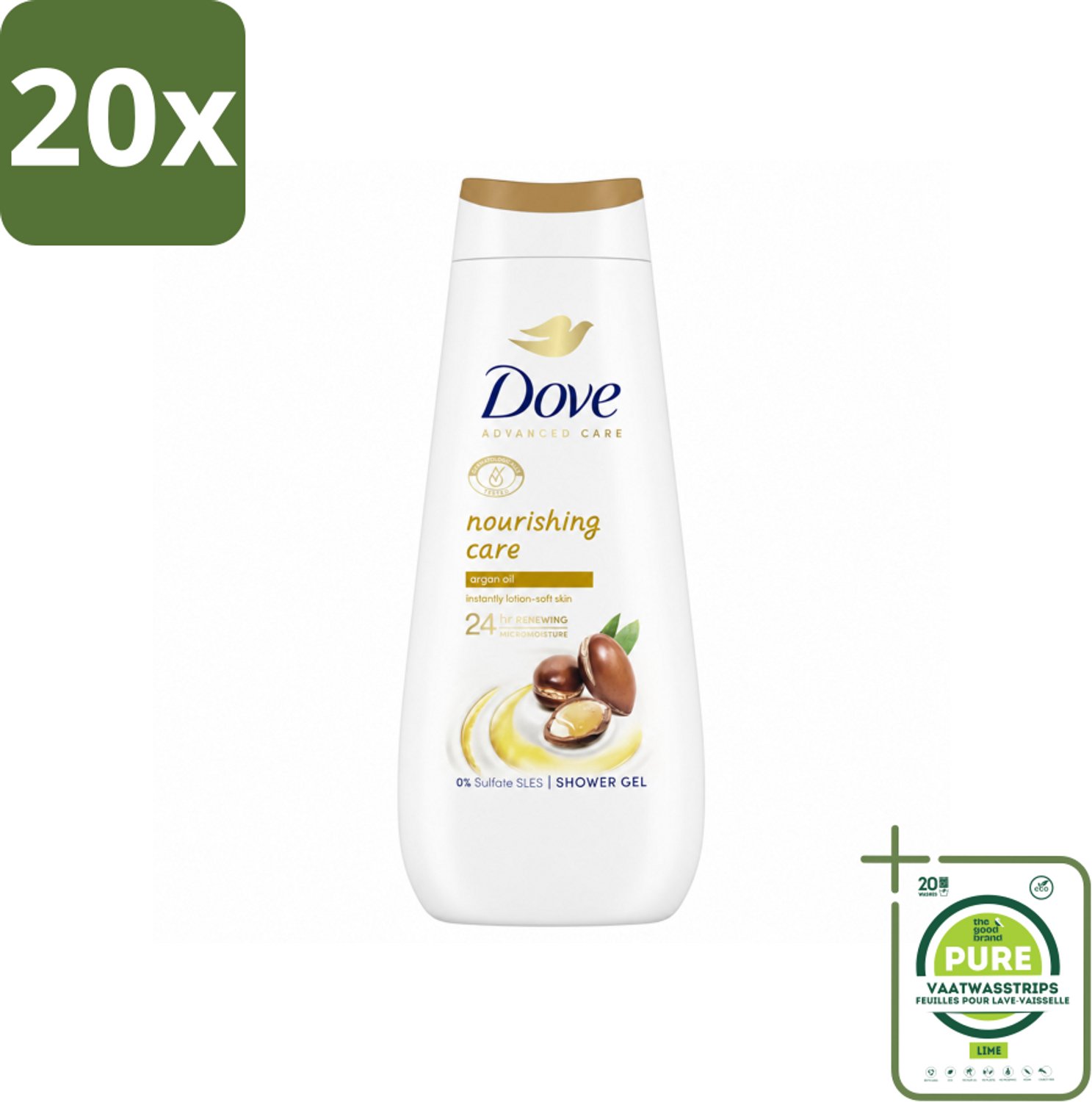 20 x Dove Douchecrème - Nourishing Care - Arganolie - 400 ml - Grootverpakking - Vaatwasstrips - Douchegel - Huid Verzorging - Arganolie - Hydratatie - Droge Huid