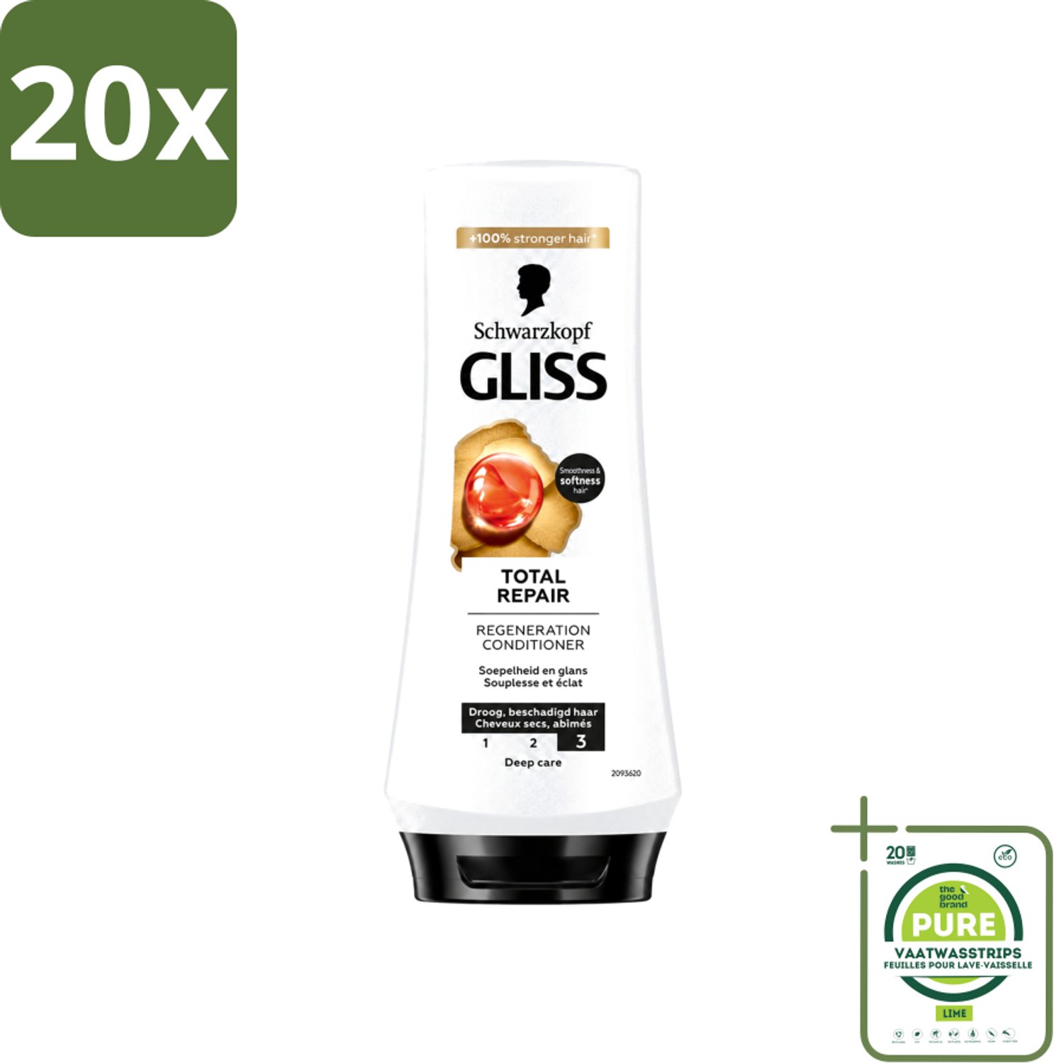 20 x Gliss - Hair Repair - Conditioner voor Totaal Herstel - 200 ml - Grootverpakking - Vaatwasstrips - Haarherstel - Droog Haar - Beschadigd Haar - Haarverzorging - Keratine