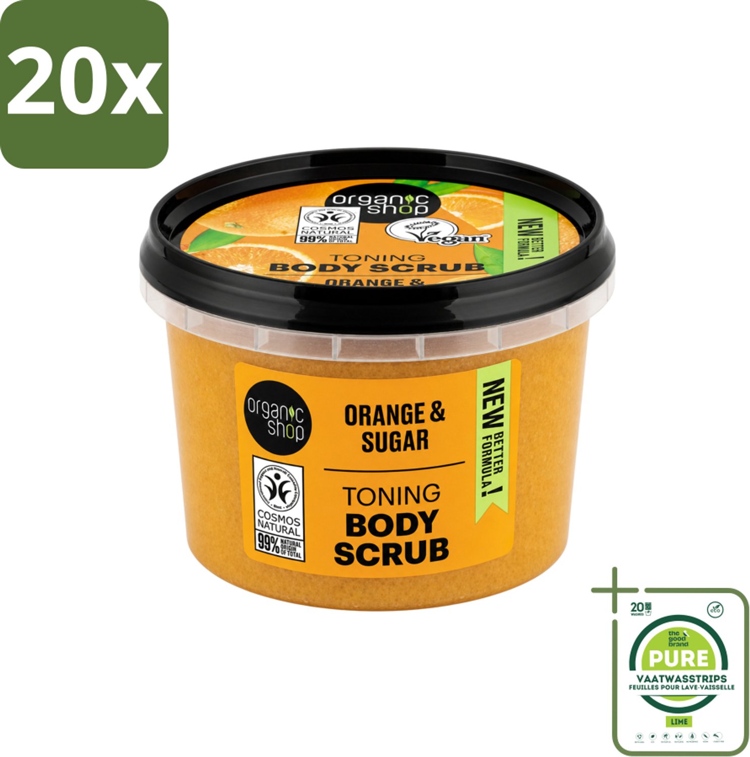 20 x Organic Shop - Body Scrub Orange - Verzorgend en Geurend - 250 ml - Grootverpakking - Vaatwasstrips - Bodyscrub - Huidverzorging - Sinaasappelolie - Exfoliatie - Natuurlijke Huidverzorging