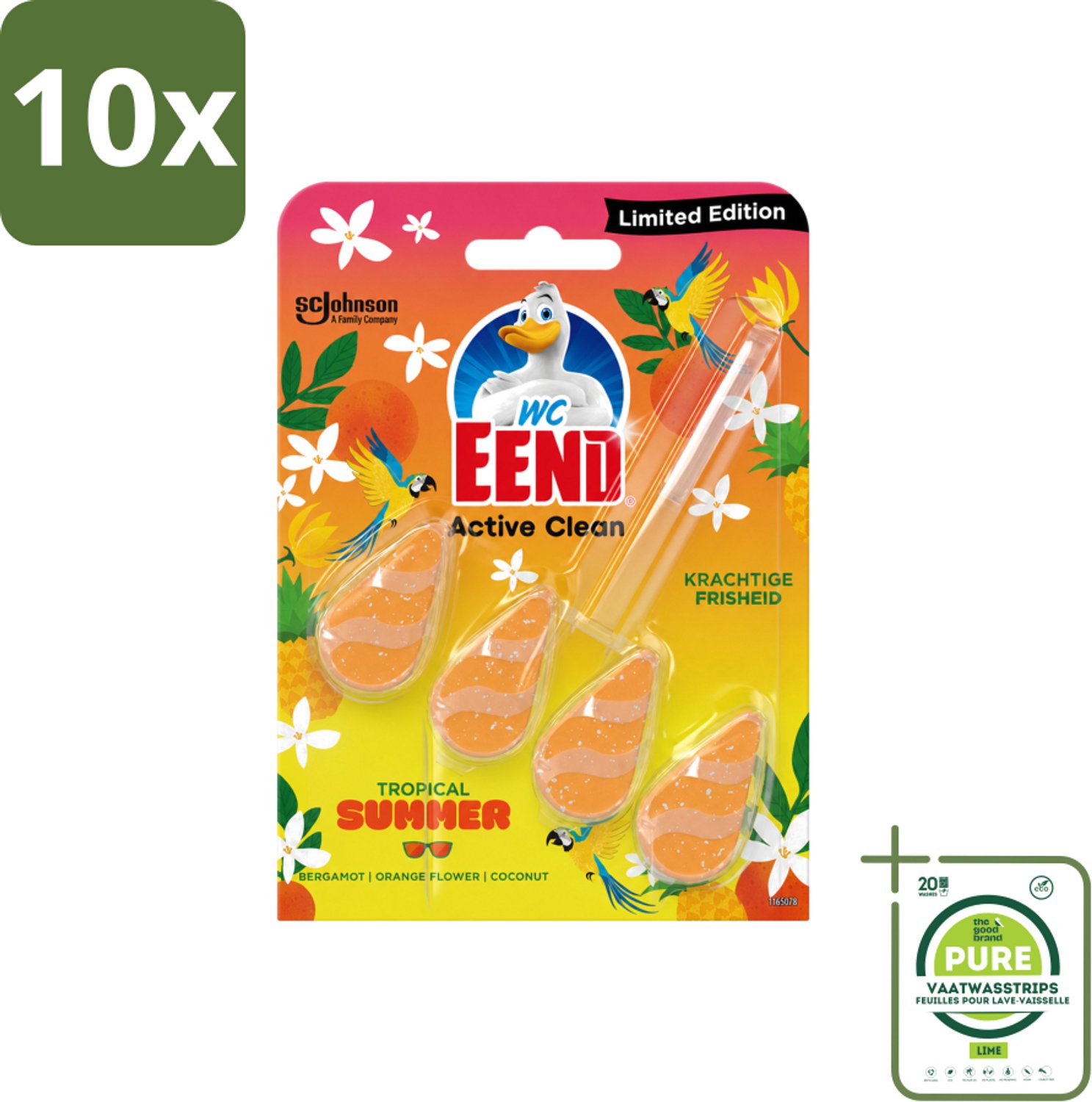10 x WC Eend - Active Clean Tropical Summer - Toiletblok - Zomerse Frisheid - 38 gr - Grootverpakking - Vaatwasstrips - WC Eend - Toiletblok - Tropische Geur - Actief Schuim - Toilet Reinigen