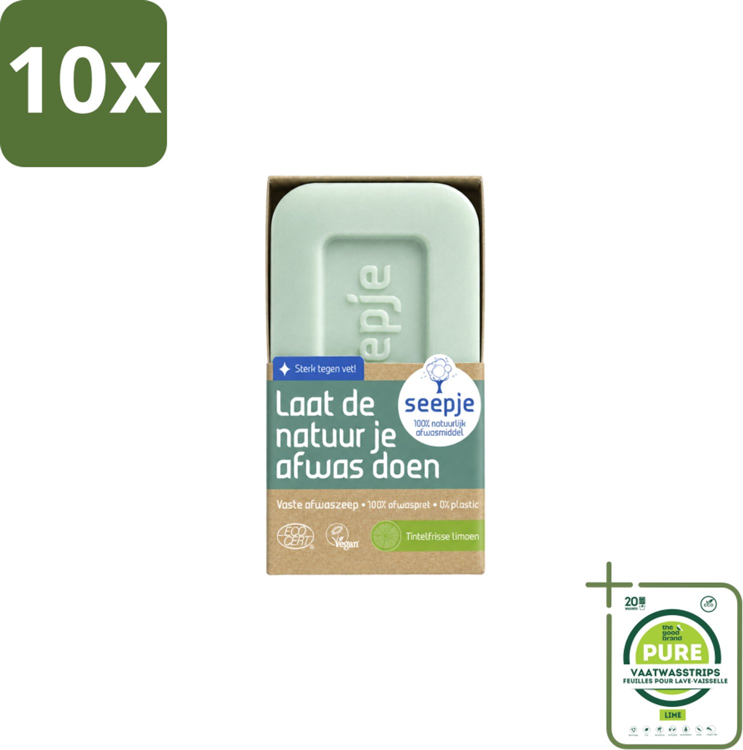 10 x Seepje - Afwaszeep - Handgemaakt & Biologisch - Tintelfrisse Limoen Geur - 120 gr - Grootverpakking - Vaatwasstrips - Afwaszeep - Handgemaakte Zeep - Biologische Zeep - Milieuvriendelijke Zeep - Limoen Geur