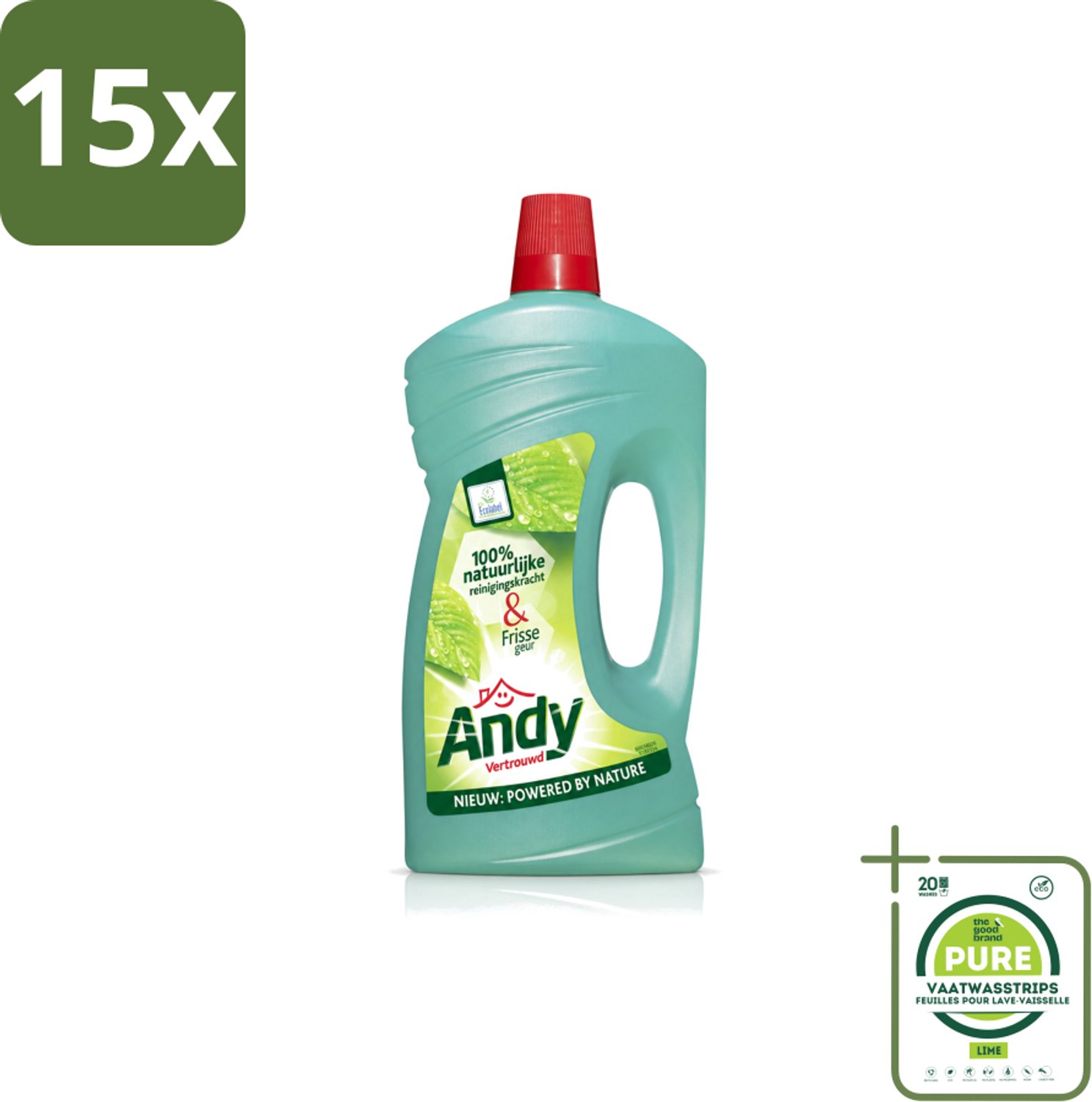 15 x Andy - Vertrouwd - Allesreiniger - Fris & Vertrouwd - 1L - Grootverpakking - Vaatwasstrips - Allesreiniger - Natuurlijke Reiniger - Fris Aroma - Vertrouwde Geur - Milieuvriendelijk