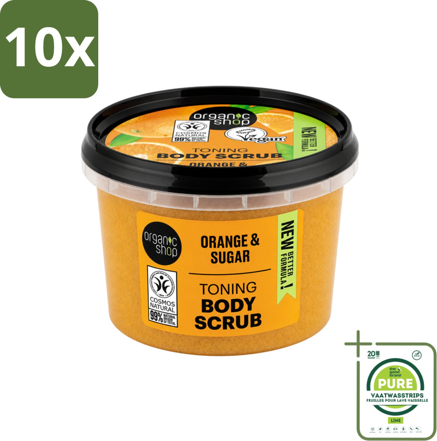 10 x Organic Shop - Body Scrub Orange - Verzorgend en Geurend - 250 ml - Grootverpakking - Vaatwasstrips - Bodyscrub - Huidverzorging - Sinaasappelolie - Exfoliatie - Natuurlijke Huidverzorging