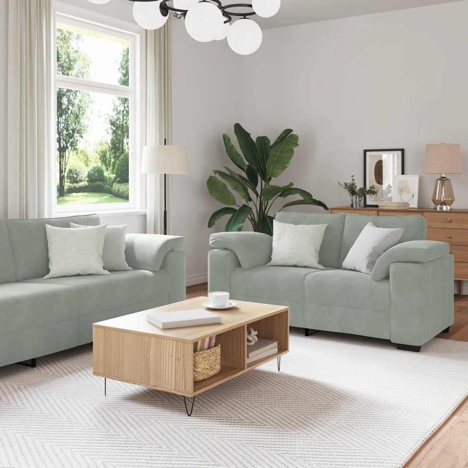 2-delige bankset met kussens in lichtgrijs fluweel, comfortabele gestoffeerde meubels voor woonkamer en kantoor met stabiele armleuningen en houten metalen frame, zachte fluwelen stof
