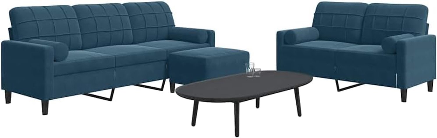 3-delig hoekgarnituur sofa met kussen en nekrollen in blauw fluweel, comfortabele bankstel met metalen frame en veelzijdige voetenbank voor woonkamer