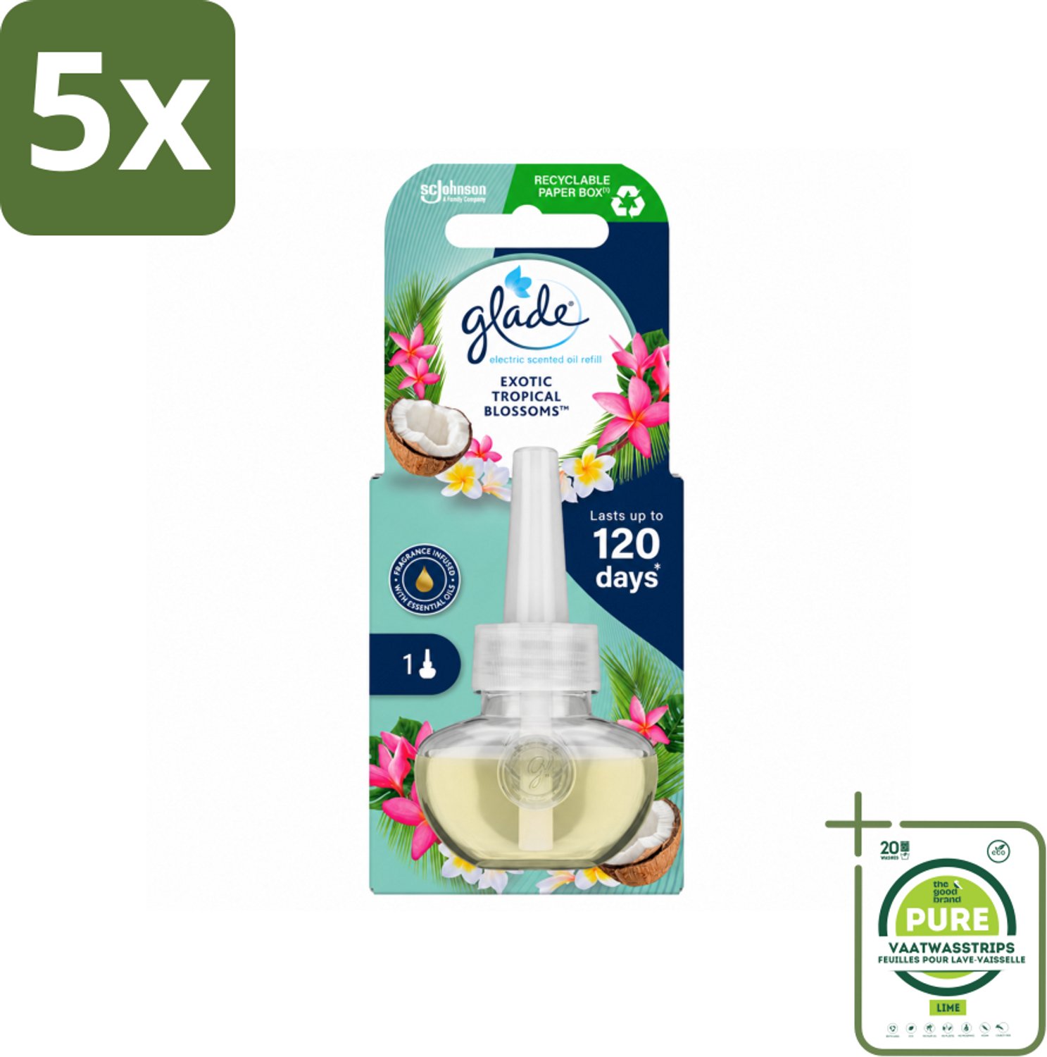 5 x Glade - Navulling Elektrische Olie - Exotic Tropical Blossoms - Zonder Houder - Grootverpakking - Vaatwasstrips - Tropische Geur - Monoi Olie - Exotische Bloemen - Kokosmelk - Geurhoudend