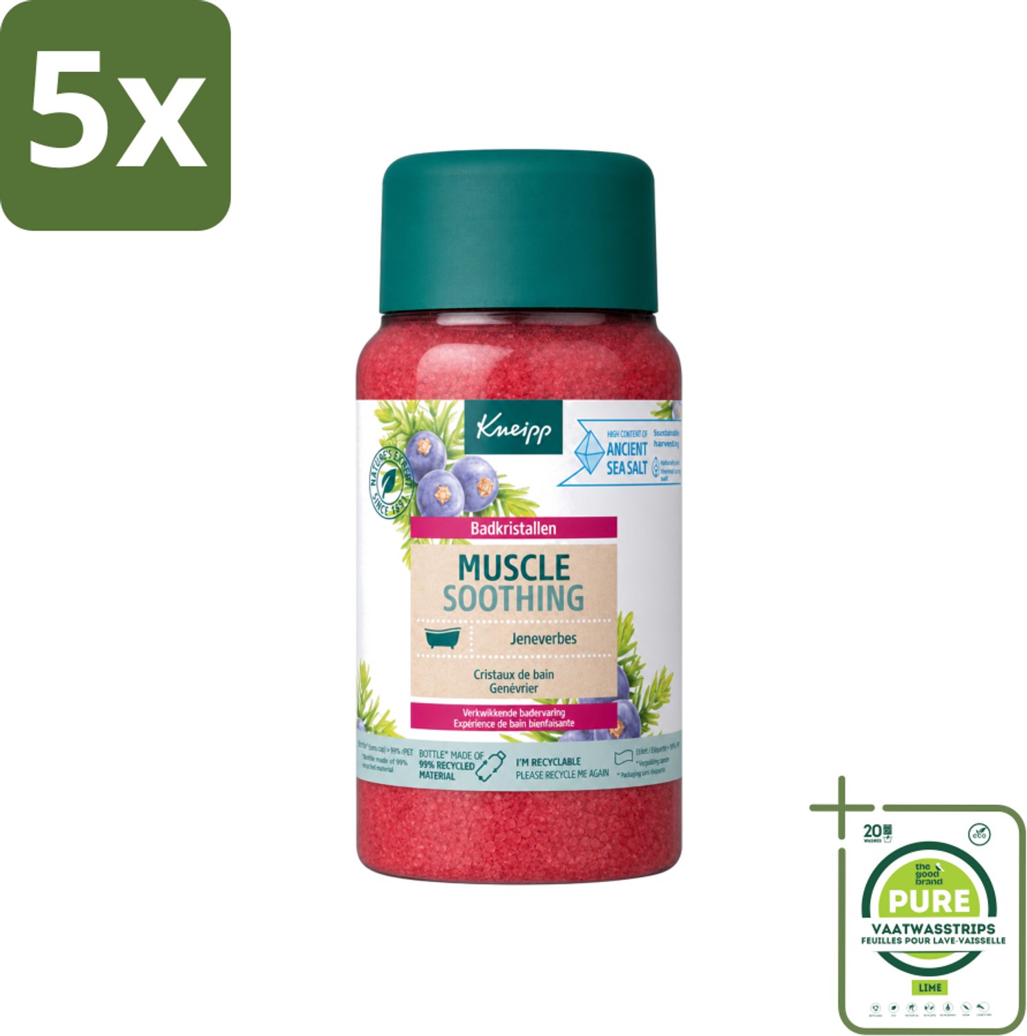 5 x Kneipp - Badzout - Muscle Soothing - Jeneverbes - Weldaad voor spieren - 600 g - Grootverpakking - Vaatwasstrips - Badzout - Spierverzorging - Spierpijn - Ontspanning - Badkristallen
