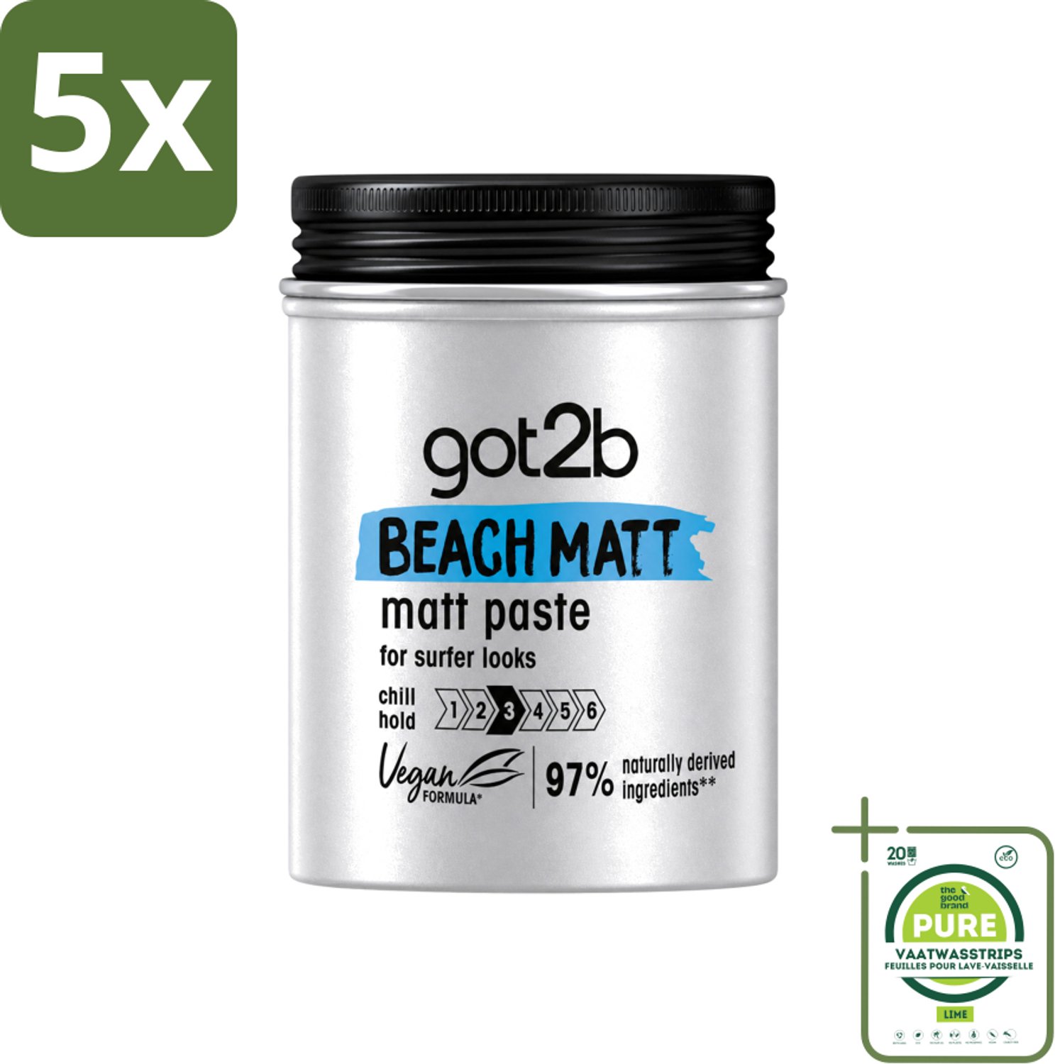 5 x Got2B - Styling Paste - Beach Matt - 100 ml - Grootverpakking - Vaatwasstrips - Beach Look - Matte Styling - Surfer Look - Natuurlijke Styling - Vegan Styling