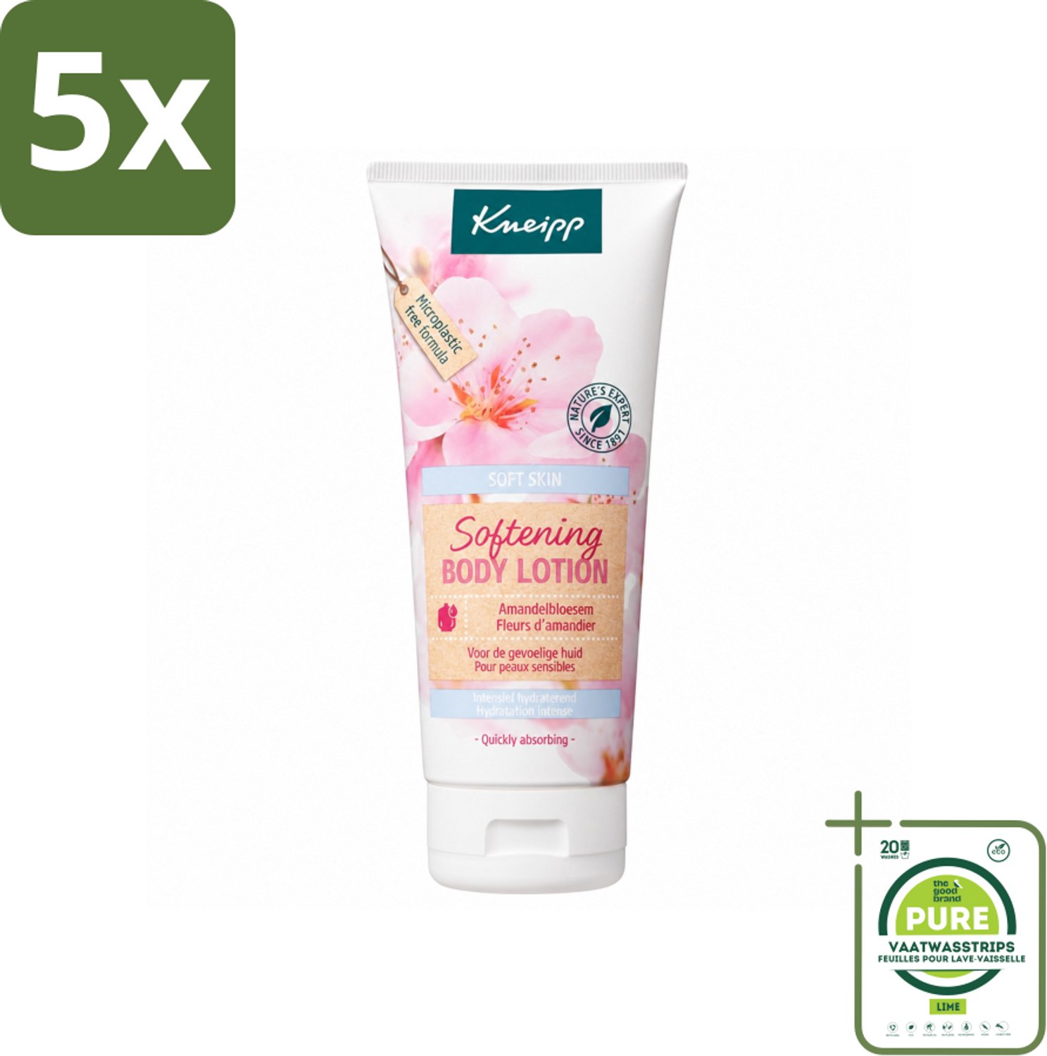 5 x Kneipp - Body lotion - Soft Skin - Amandelbloesem - 200 ml - Grootverpakking - Vaatwasstrips - Gevoelige Huid - Amandelolie - Hydraterende Lotion - Zachte Huid - Huidverzorging
