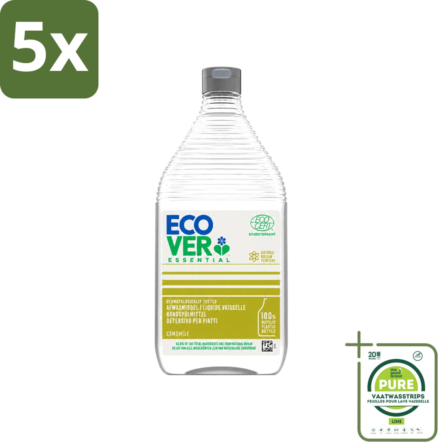 5 x Ecover - Afwasmiddel Essential - Kamille - 950 ml - Grootverpakking - Vaatwasstrips - Afwasmiddel Kamille - Plantaardig Afwasmiddel - Vet Verwijderen - Natuurlijke Geur - Ecologisch Afwasmiddel