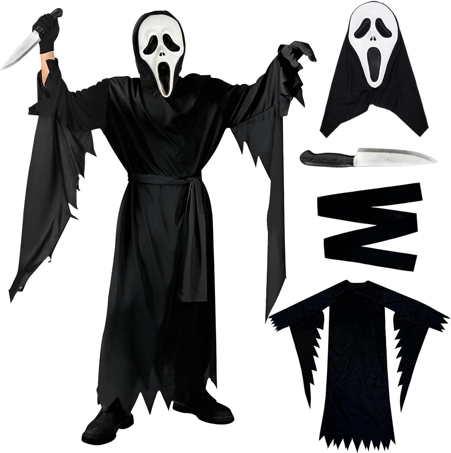 Scream kostuumset, Scream kostuum, met Halloween Scream masker, speelgoedmes, Halloween Scream Ghostface kostuum, horrorkostuums geschikt voor Halloween, carnaval en themafeesten
