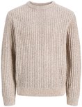 Beige gebreide trui met ronde hals en geribbelde textuur.