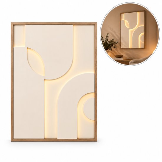 Beige 3D wanddecoratie met houten rand en LED-verlichting, met een cirkelvormig detail van de sfeer in een kamer.