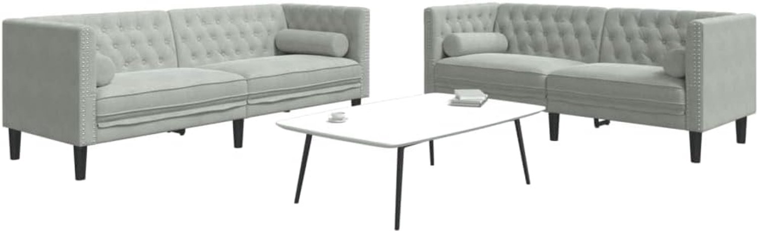 2-delige bankset lichtgrijs fluweel met nekrollen, gestoffeerde zitset voor woonkamer, comfortabel tuftdesign en stabiele steunpoten, zachte velours stof
