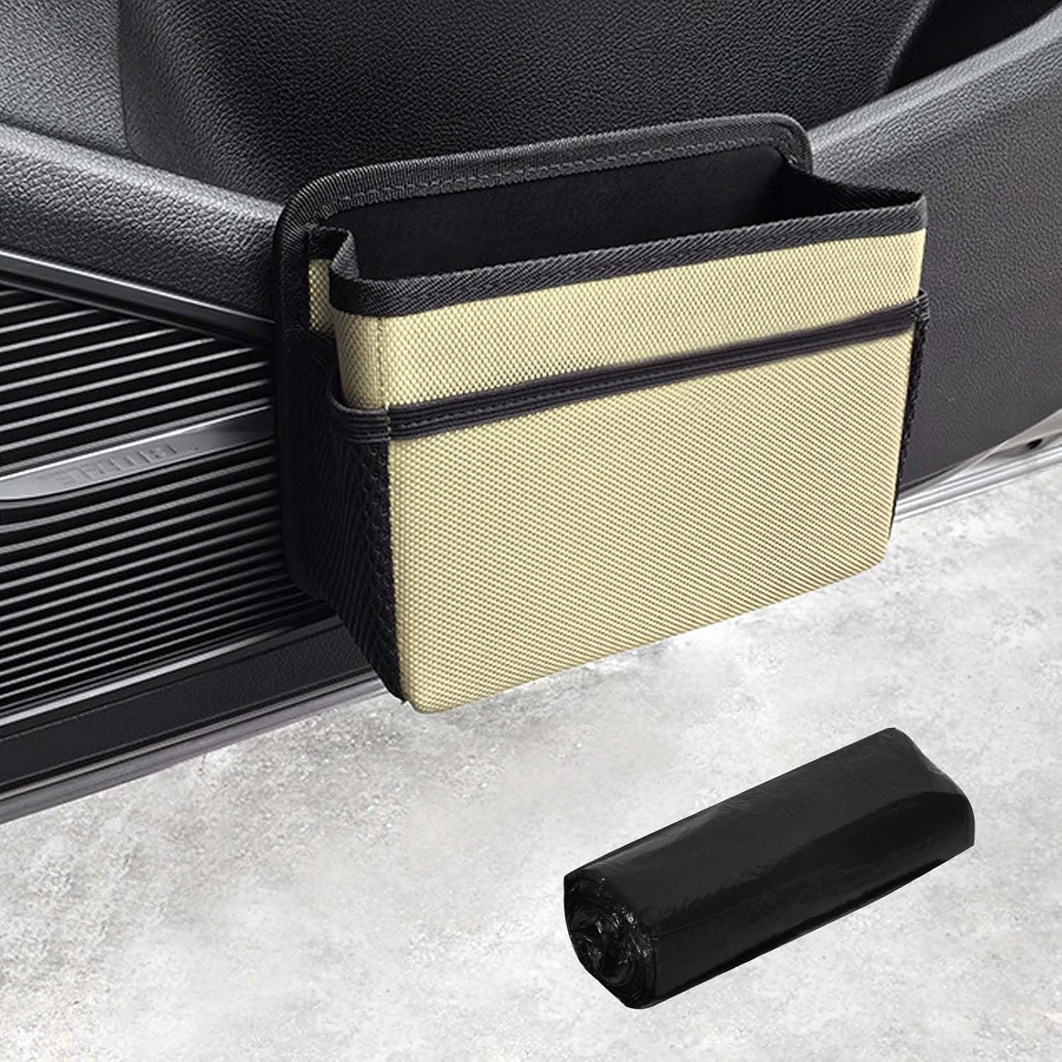 Vuilnisemmer voor de zijdeur van de auto, vuilnisemmer voor de auto, met 1 vuilniszak, waterdicht, lekvrij, draagbaar, om binnen op te hangen, beige