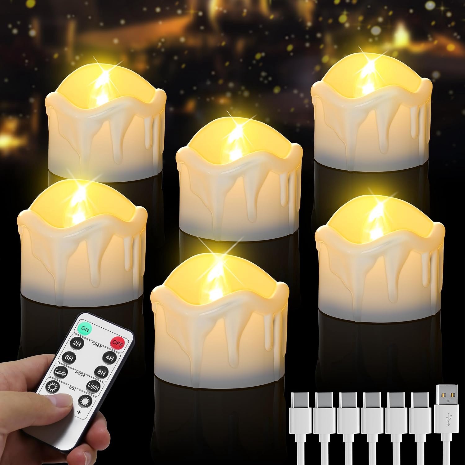 6 stuks led-theelichtjes, oplaadbaar met afstandsbediening, timerfunctie, warmwit, vlamloze elektrische kaarsen, USB-oplaadbaar voor huisdecoratie, bruiloft, Kerstmis, Halloween