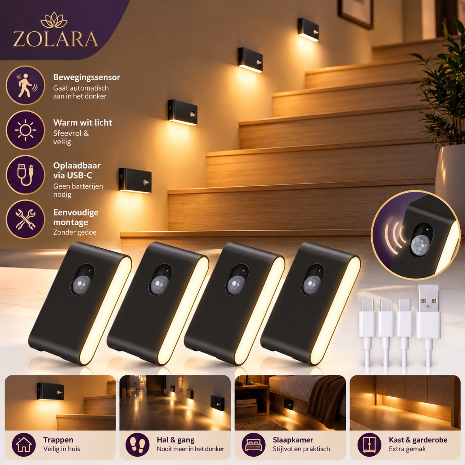 Zolara 4x Oplaadbare Nachtlampjes met Bewegingssensor - Trapverlichting LED - Bewegingssensor - LED Nachtverlichting 2700K Warm Wit - Draadloos - Magnetisch - Voor Trap, Hal, Slaapkamer en Badkamer - Kastverlichting