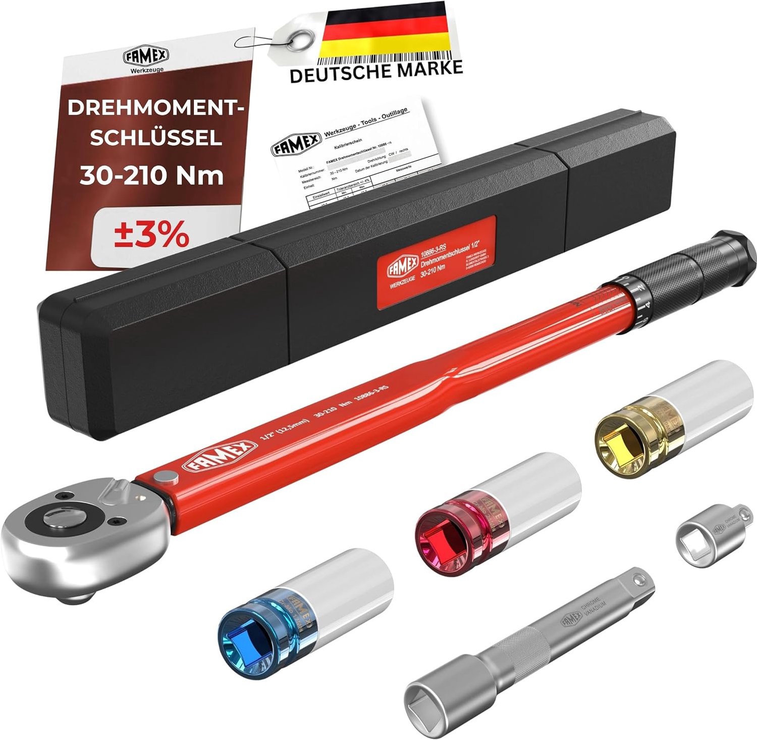 FAMEX Momentsleutel 1/2" 30-210 Nm met Certificaat & 3 Doppen