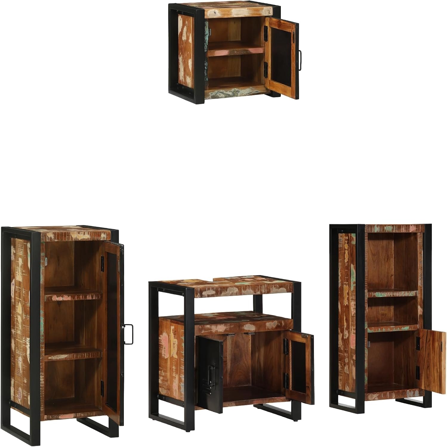 Badkamermeubelset, 4 stuks, meerkleurig, massief gerecycled hout, opbergruimte, industriële stijl, opslag, eenheid, woonkamer, badkamer