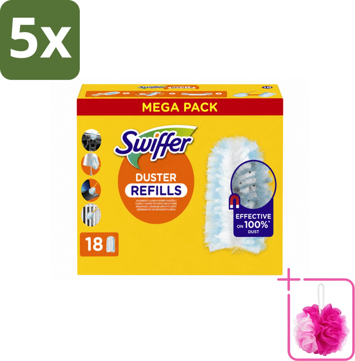 5 x Swiffer - Duster – Voor Stofwisser – 18 navullingen - Bulkverpakking - Stofduster navullingen - Douchemop - Stof opvangen