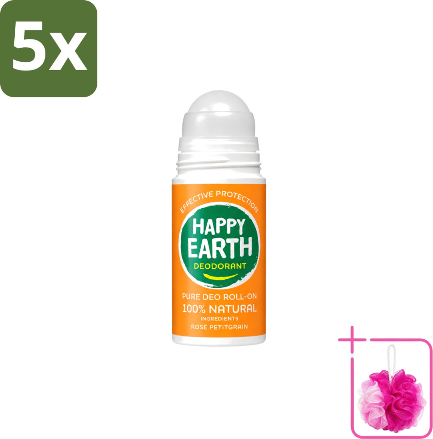 5 x Happy Earth – Deodorant Roll-On – 100% Natuurlijk Rose Petitgrain – 75 ml - Bulkverpakking - Natuurlijke deodorant - Douchemop - Roll-on deodorant