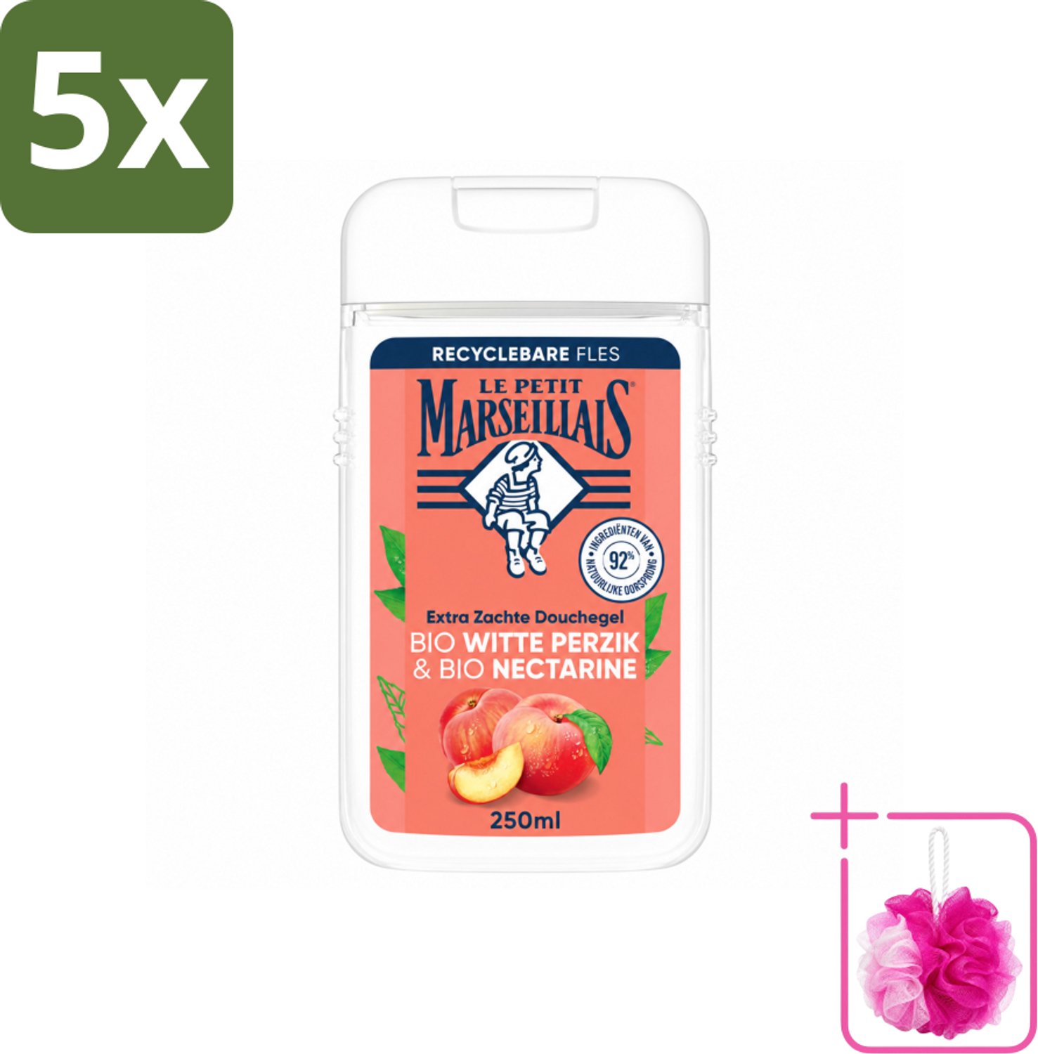 5 x Le Petit Marseillais – Douchegel – Bio Perzik & Nectarine – Verfrissend – 250 ml - Bulkverpakking - Douchegel bio perzik en nectarine - Douchemop - Frisse douchegel