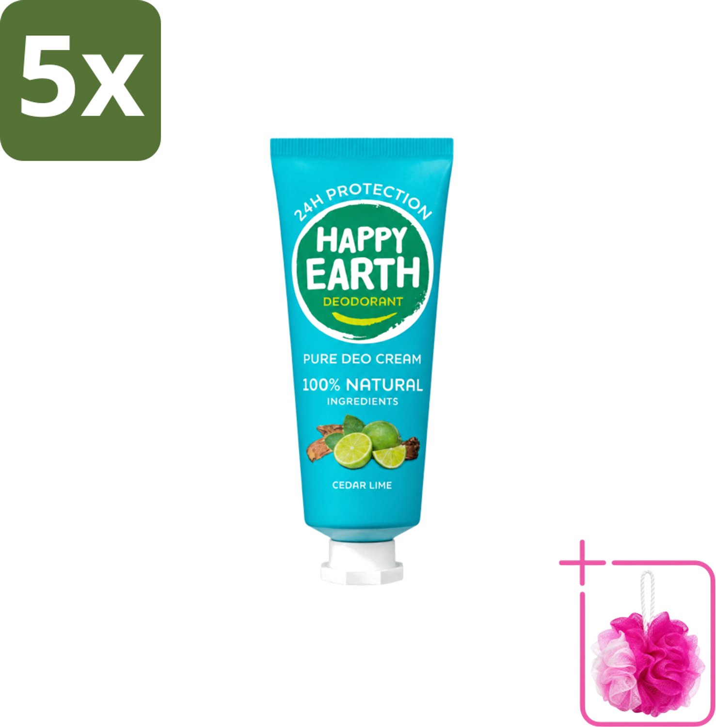 5 x Happy Earth – Deodorant Cream – 100% Natuurlijk Cedar Lime – 40 ml - Bulkverpakking - Natuurlijke deodorant - Douchemop - Deodorant crème