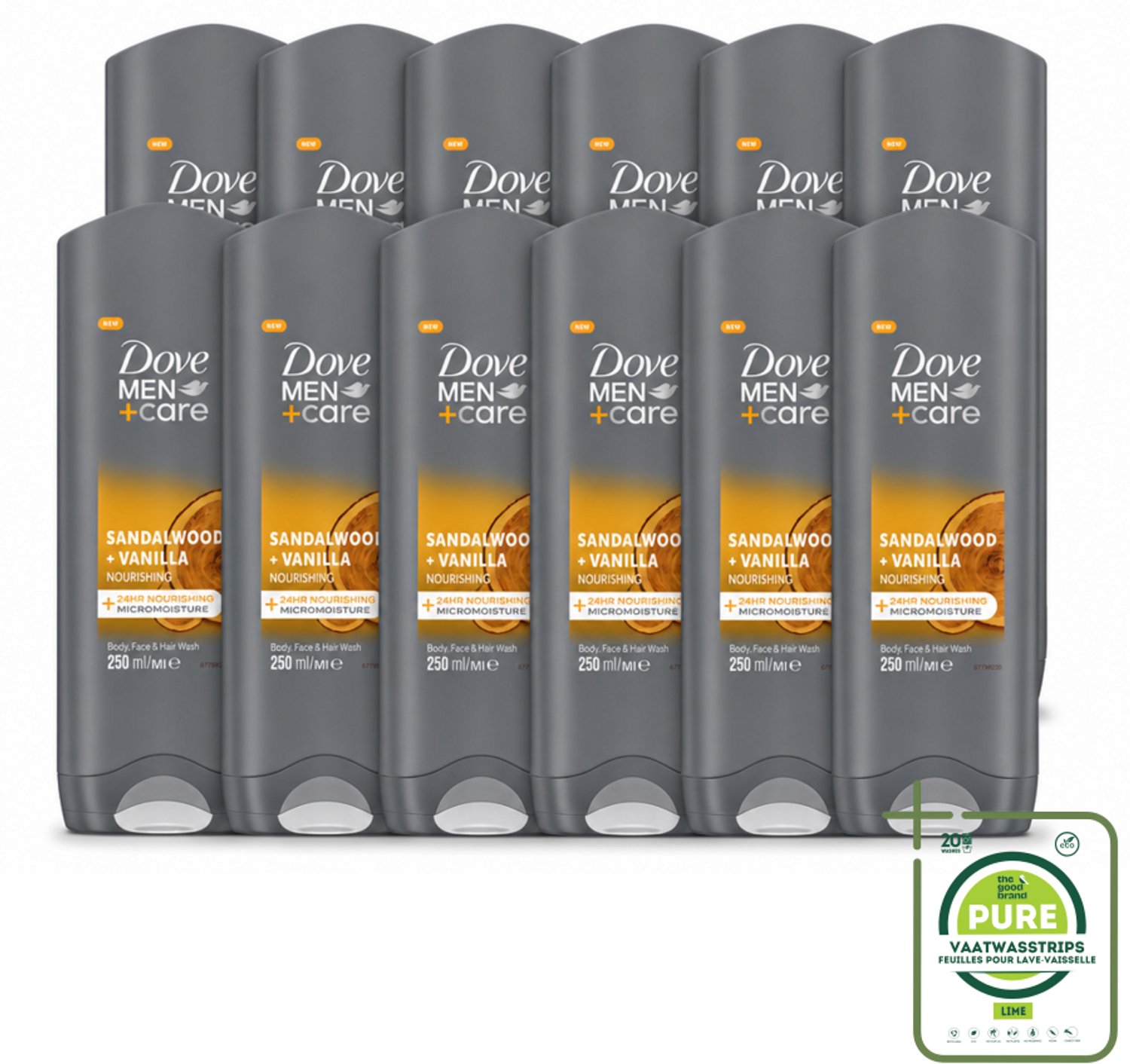 12 x Dove – Douchegel – Men+Care Sandalwood & Vanilla – 250 ml - Grootverpakking - Vaatwasstrips - Douchegel Voor Mannen - Huidverzorging - Reiniging Voor Mannen - Hydraterende Douchegel - Sandelhout En Vanille