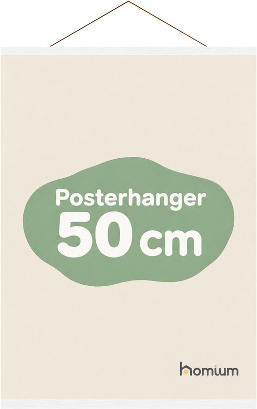 Porte-affiche en bois blanc de 50 cm avec cordon marron sur fond crème.