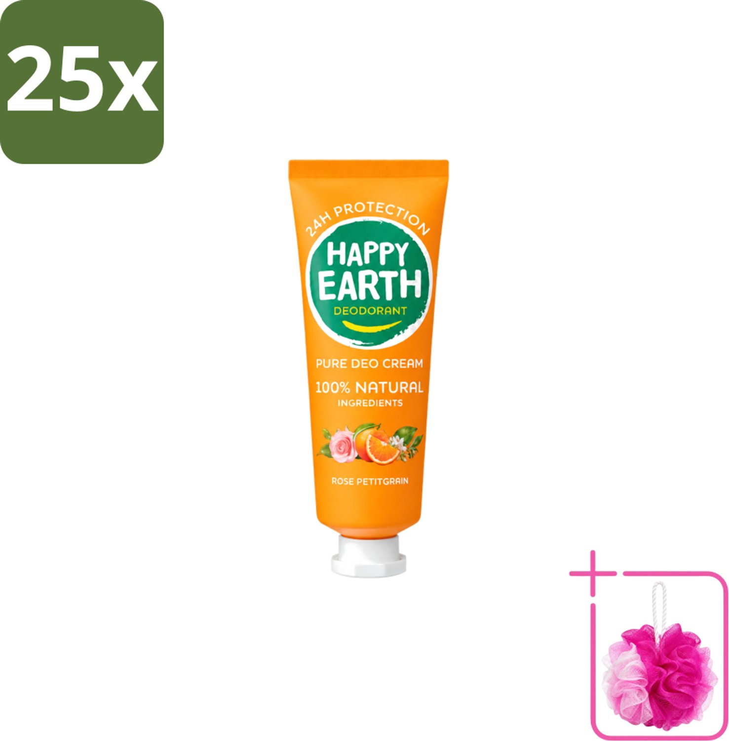25 x Happy Earth – Deodorant Cream – 100% Natuurlijk Rose Petitgrain – 40 ml - Bulkverpakking - Natuurlijke deodorant - Douchemop - Deodorant crème