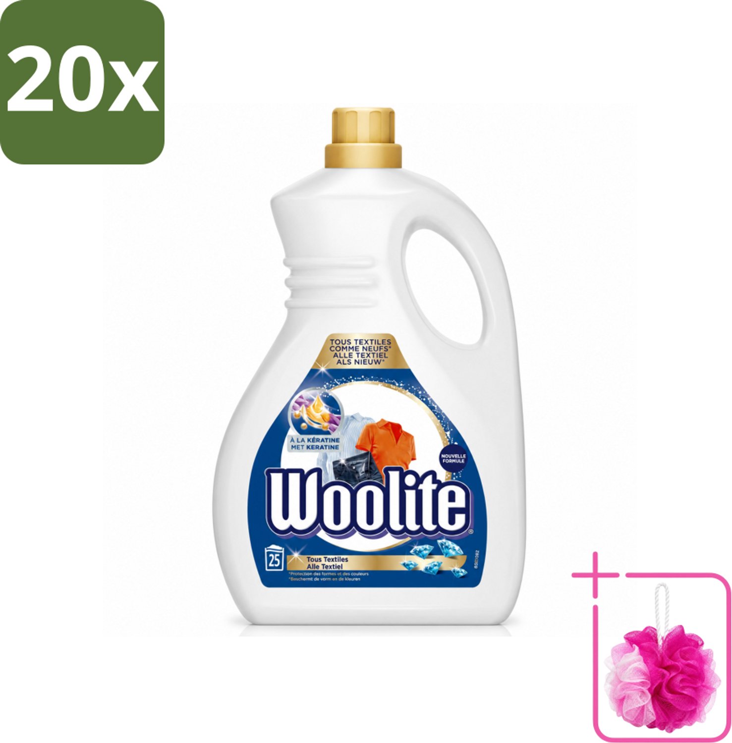20 x Woolite - Wasmiddel - Vloeibaar Wasmiddel - Alle textiel - 25wb/1,5L - Bulkverpakking - Wasmiddel voor textiel - Douchemop - Keratine wasmiddel