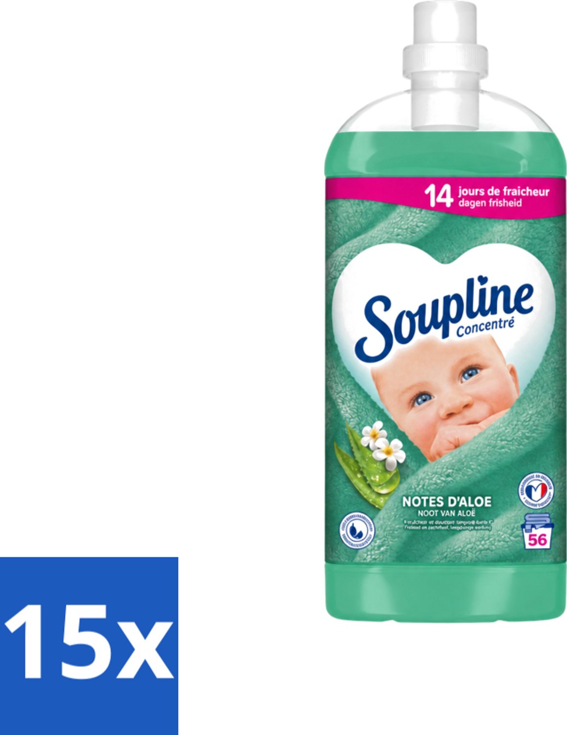 15 x Soupline - Wasverzachter - Aloë Vera - 56 Wasbeurten - 1.3L - Voordeelverpakking - 15 stuks