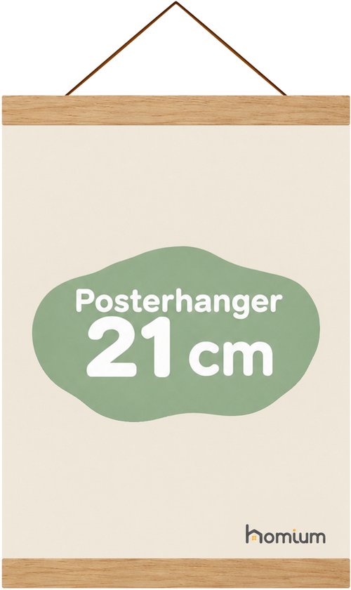 Teakhouten posterhanger van 21 cm met bruin koord op een lichte achtergrond.